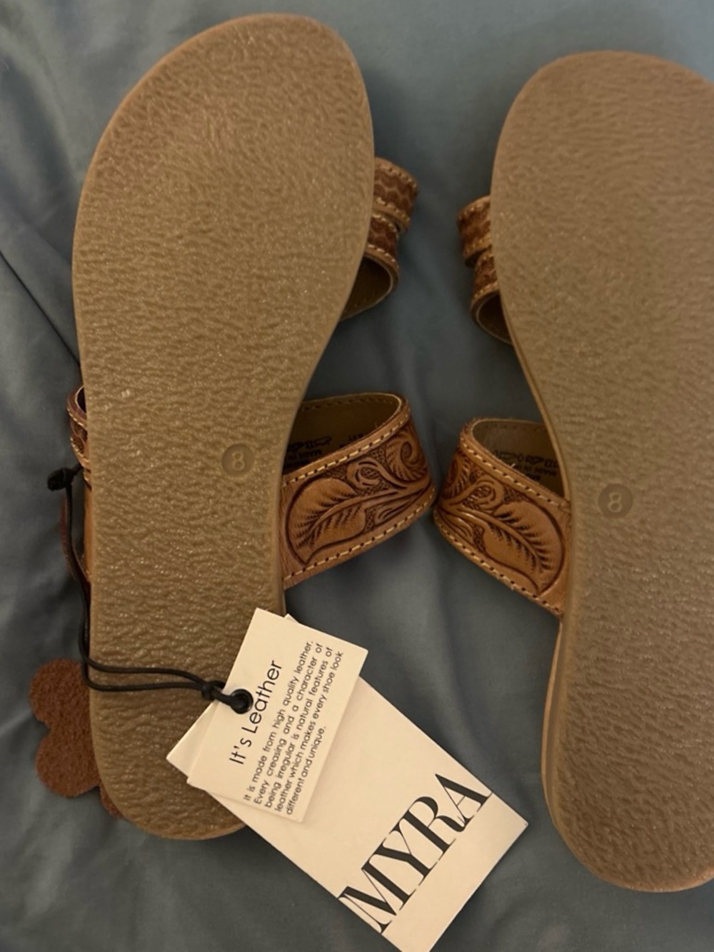 Myra Bag Tan Hand-Tooled Floral Leather Strap Sandals - Women - Picture 2 of 3